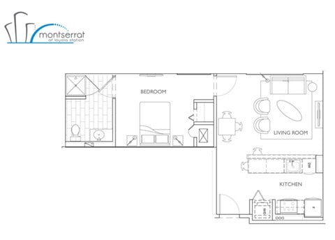 Floor plan for 1 bed, 1 bath, 644 sqft