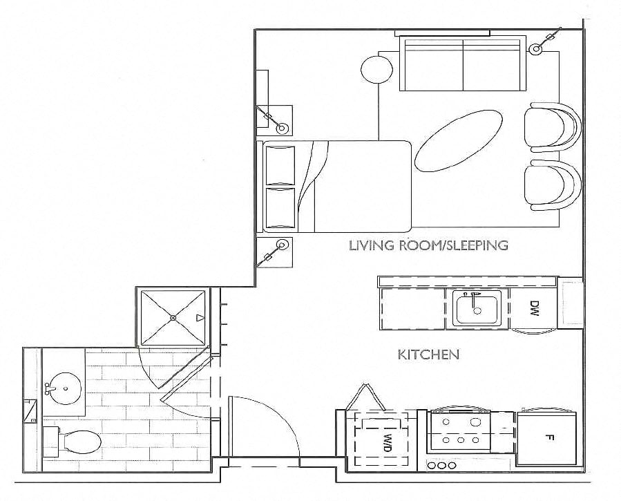 Floor plan for studio, 1 bath, 410 sqft