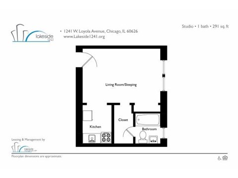 Floor plan for studio, 1 bath, 291 sqft