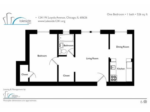Floor plan for 1 bed, 1 bath, 526 sqft