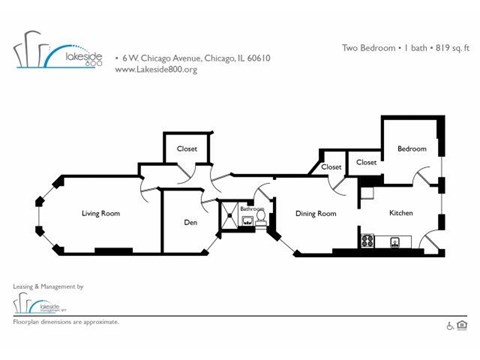 Floor plan for 2 beds, 1 bath, 802 sqft
