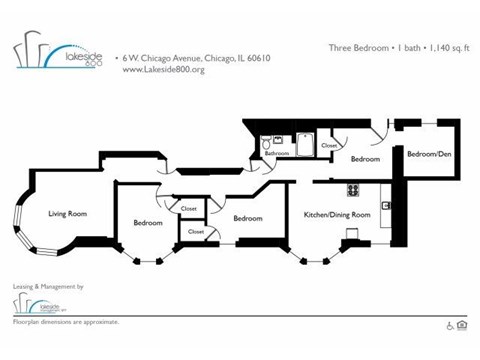 Floor plan for 3 beds, 1 bath, 874 sqft