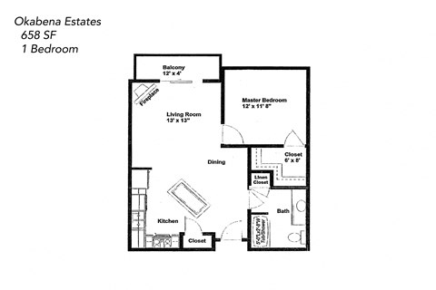 Floor plan for 1 bed, 1 bath, 658 sqft