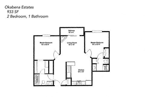 Floor plan for 2 beds, 1 bath, 1002 sqft