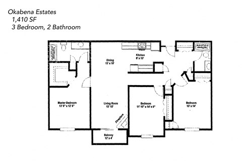Floor plan for 3 beds, 2 baths, 1410 sqft