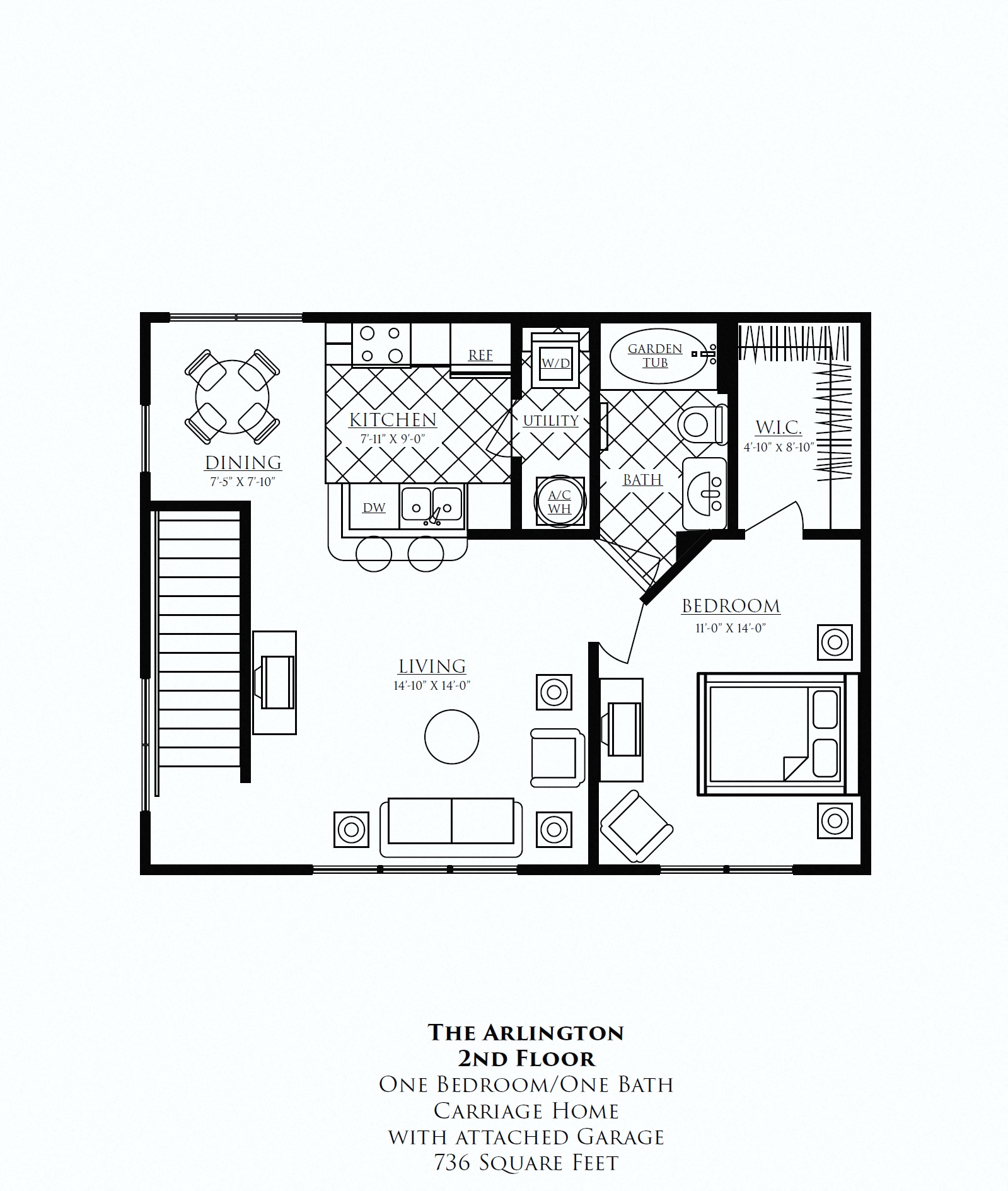 Floor plan for 1 bed, 1 bath, 736 sqft