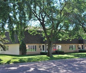 Mankato townhouse for rent - A tree in front of a building with a white garage door.