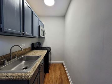Chicago apartment for rent - a kitchen with a sink and a stove and a microwave