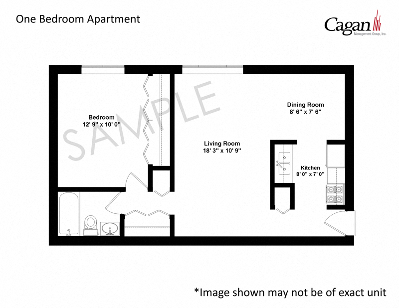 Floor plan for 1 bed, 1 bath, 415 sqft