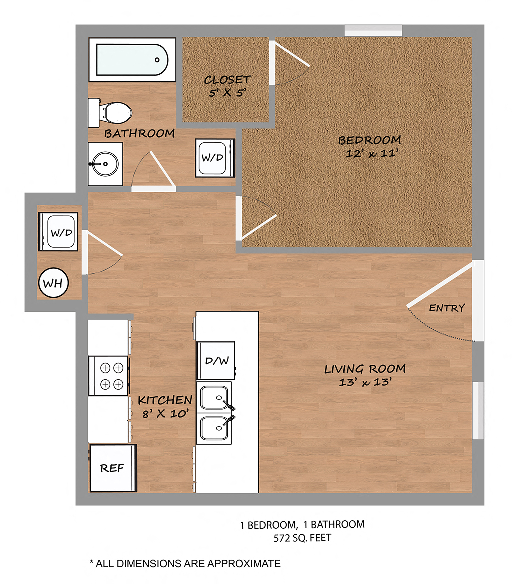 Floor plan for 1 bed, 1 bath, 627 sqft