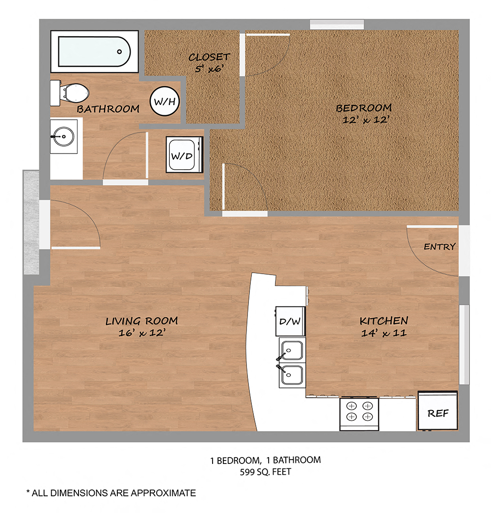 Floor plan for 1 bed, 1 bath, 600 sqft