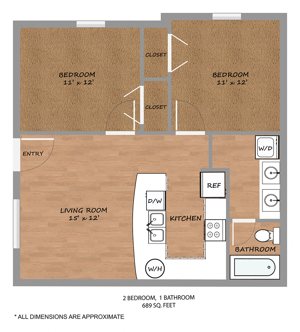 Floor plan for 2 beds, 1 bath, 689 sqft
