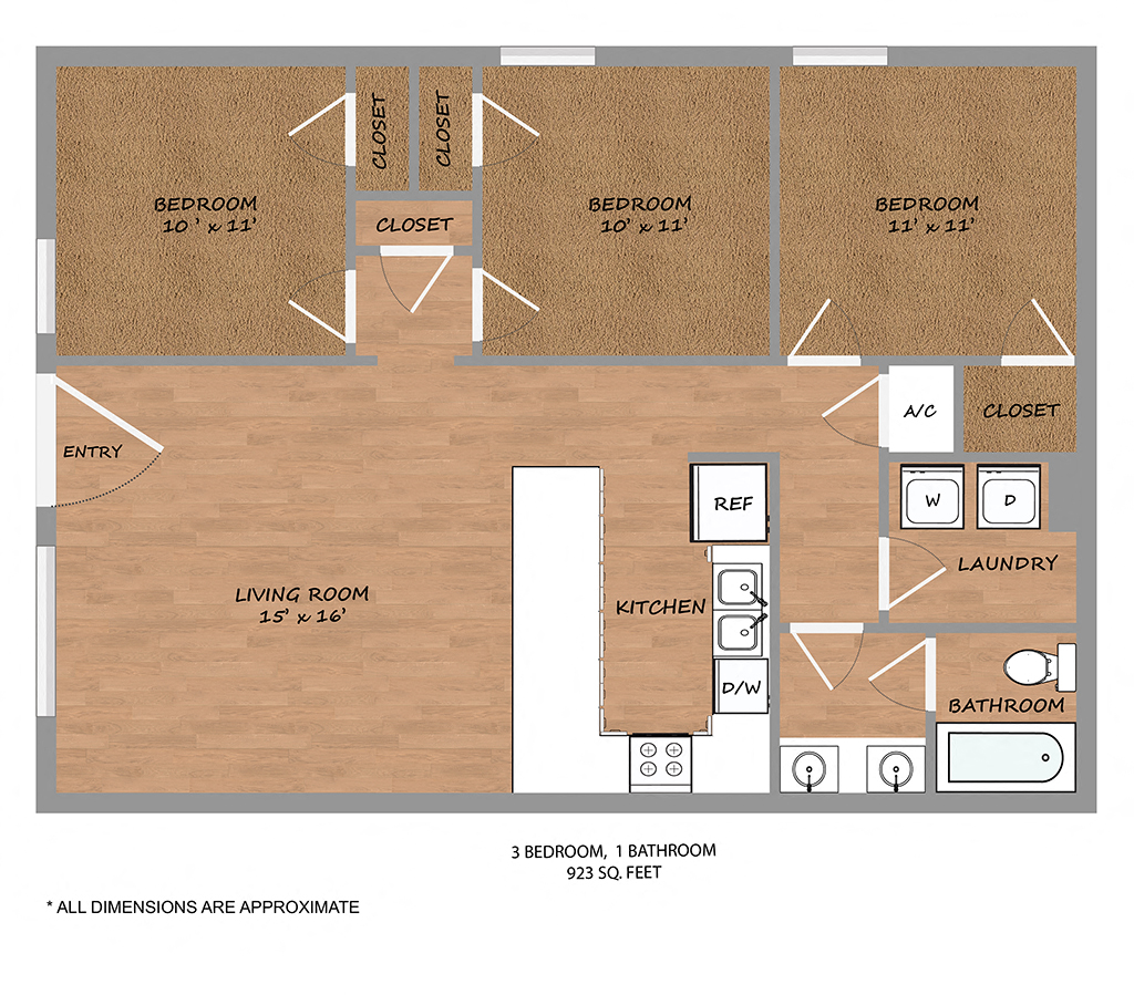 Floor plan for 3 beds, 1 bath, 977 sqft