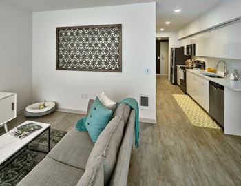 Wood-like plank flooring throughout living areas, carpet in bedrooms