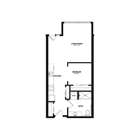 Floor plan for 1 bed, 1 bath, 670 sqft