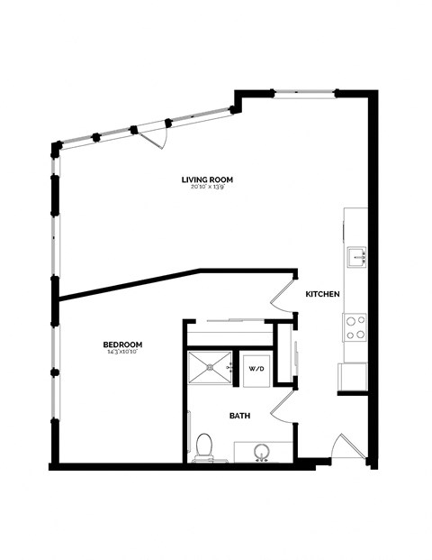 Floor plan for 1 bed, 1 bath, 883 sqft