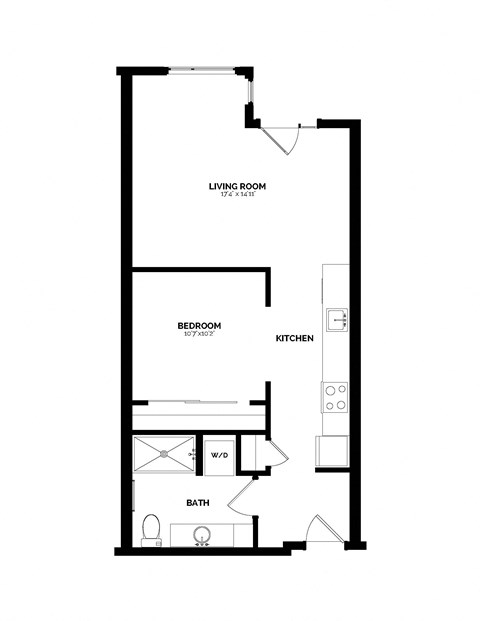 Floor plan for 1 bed, 1 bath, 652 sqft