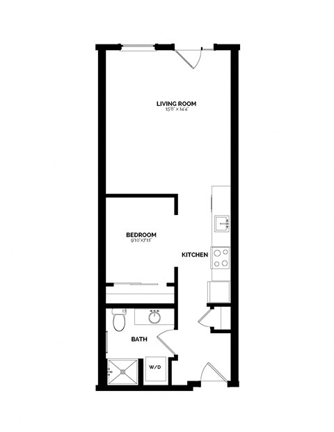 Floor plan for 1 bed, 1 bath, 600 sqft