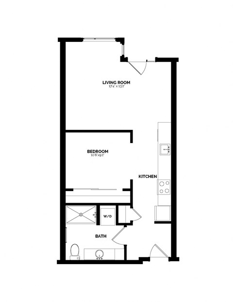 Floor plan for 1 bed, 1 bath, 627 sqft