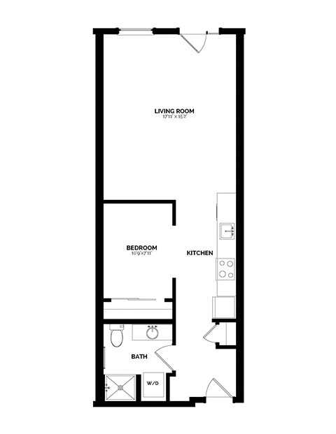 Floor plan for 1 bed, 1 bath, 667 sqft