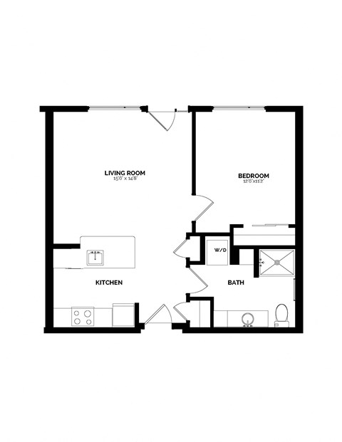 Floor plan for 1 bed, 1 bath, 686 sqft