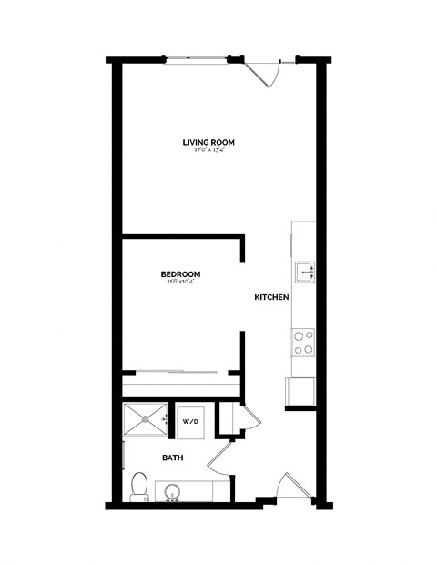 Floor plan for 1 bed, 1 bath, 696 sqft
