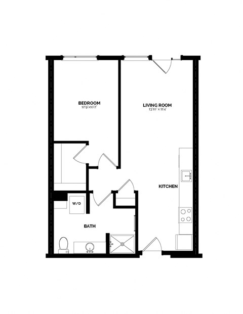 Floor plan for 1 bed, 1 bath, 701 sqft