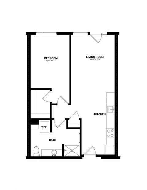 Floor plan for 1 bed, 1 bath, 727 sqft