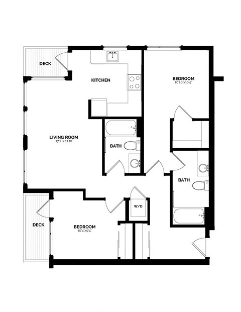 Floor plan for 2 beds, 2 baths, 913 sqft