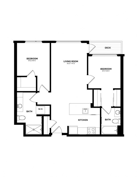 Floor plan for 2 beds, 2 baths, 983 sqft