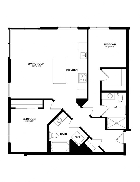 Floor plan for 2 beds, 2 baths, 1078 sqft