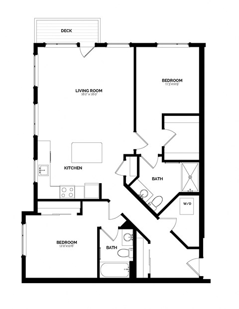 Floor plan for 2 beds, 2 baths, 1133 sqft