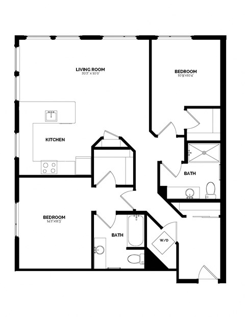 Floor plan for 2 beds, 2 baths, 1173 sqft