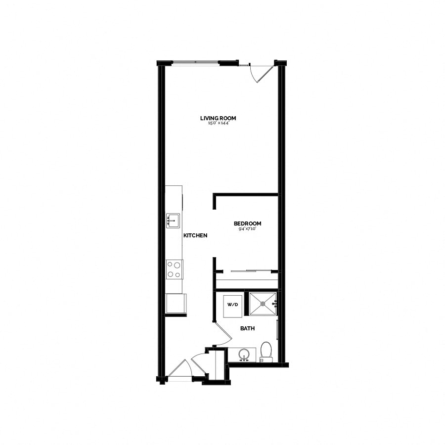 Floor plan for 1 bed, 1 bath, 584 sqft