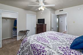 Lafayette apartment for rent - a bedroom with a large bed and a ceiling fan