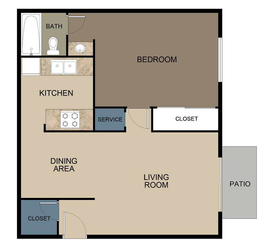 Floor plan for 1 bed, 1 bath, 640 sqft