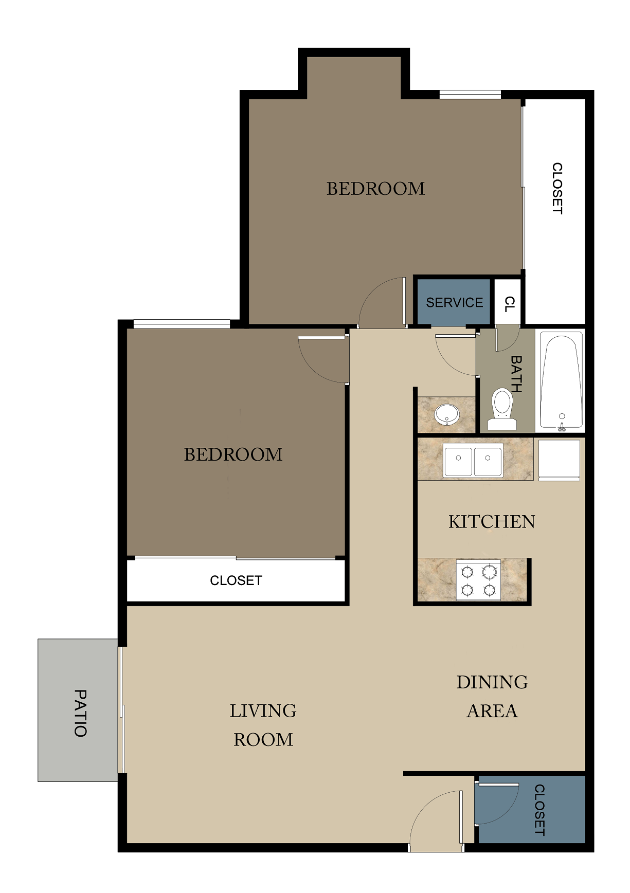 Floor plan for 2 beds, 1 bath, 820 sqft
