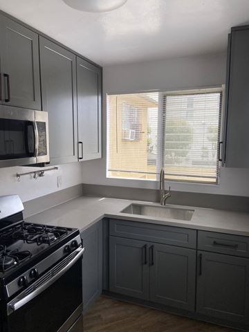 Los Angeles apartment for rent - a kitchen with gray cabinets and a sink and a stove