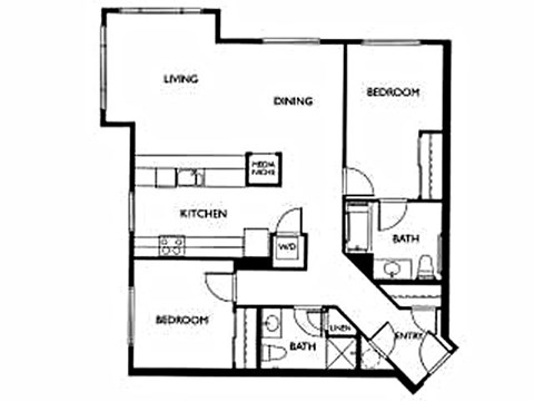 Floor plan for 2 beds, 2 baths, 1072 sqft