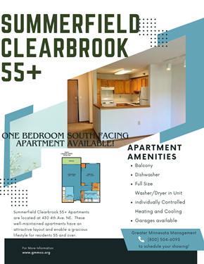 Clearbrook apartment for rent - A poster advertising Summerfield Clearbrook 55+ Apartments, highlighting that one bedroom apartments are available and detailing the amenities.