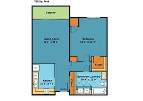 Clearbrook apartment for rent - A floor plan of a 738 square feet apartment with a balcony.