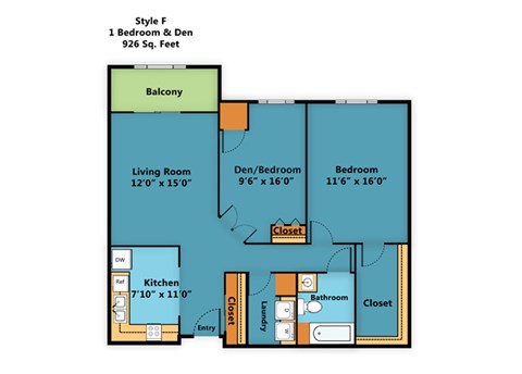 Floor plan for 2 beds, 1 bath, 926 sqft