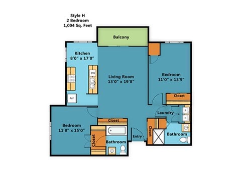 Floor plan for 2 beds, 2 baths, 1004 sqft