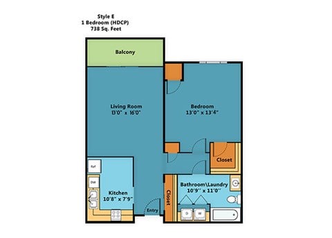 Floor plan for 1 bed, 1 bath, 926 sqft