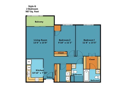 Floor plan for 2 beds, 2 baths, 1004 sqft
