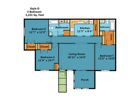 Floor plan for 3 beds, 2 baths, 1221 sqft