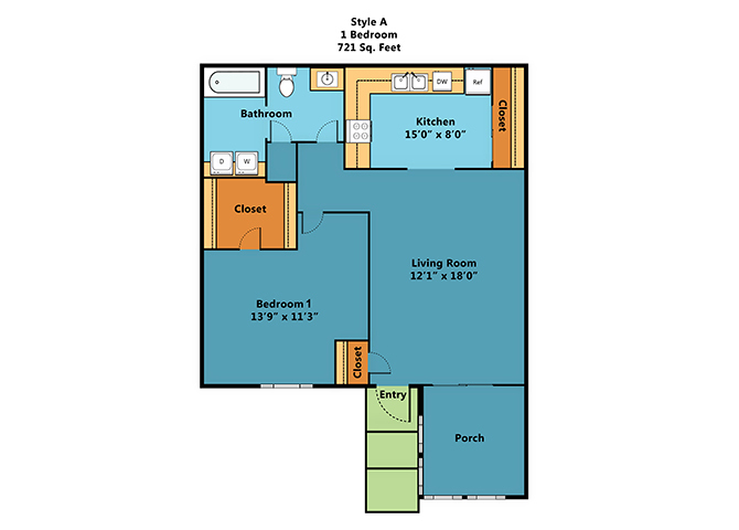 Floor plan for 1 bed, 1 bath, 721 sqft