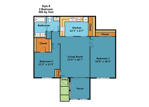 Floor plan for 2 beds, 1 bath, 906 sqft
