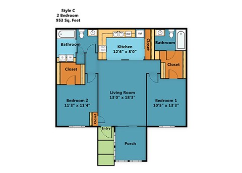 Floor plan for 2 beds, 2 baths, 953 sqft