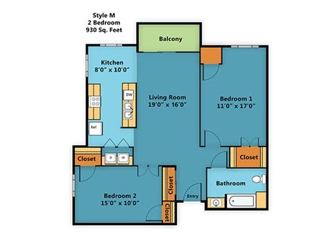 Floor plan for 2 beds, 1 bath, 930 sqft